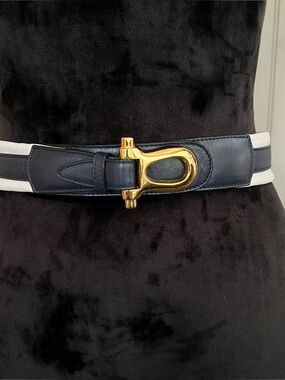 Jaeger Two Tone Navy & White Leather Horse Bit Buckle Belt